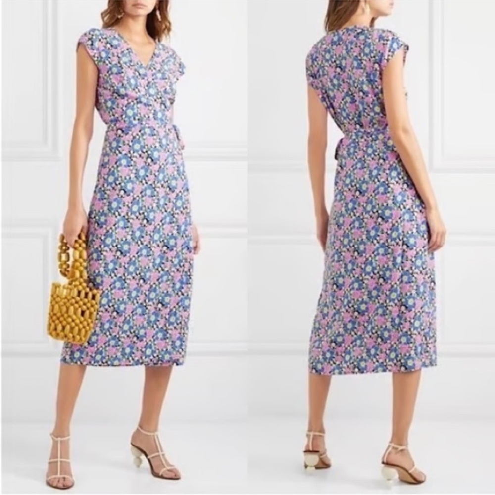 J. Crew Fabrizia Midi Wrap Dress in Soft Rayon Pink Blue Flowers Floral X-Small